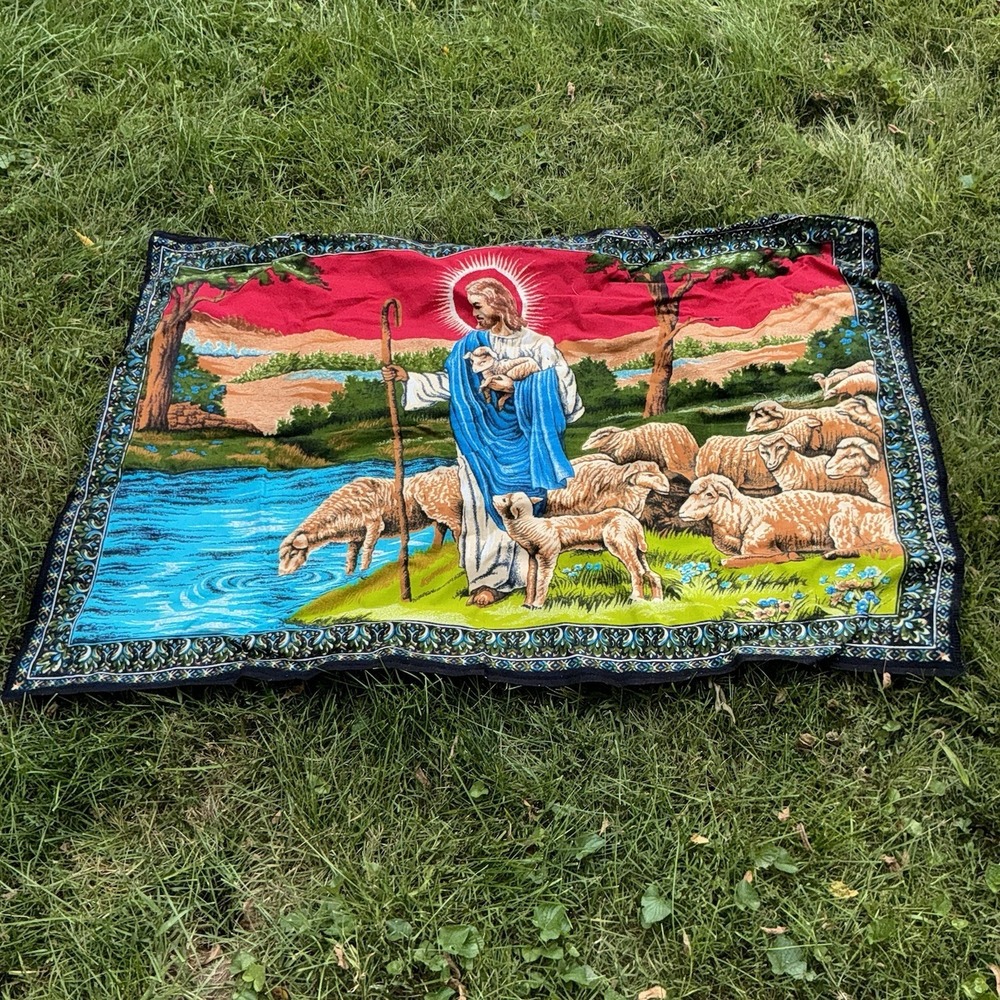 VintageJesus & His Flock Wall Hanging Tapestry 54"x38" Cotton Morocco Christian